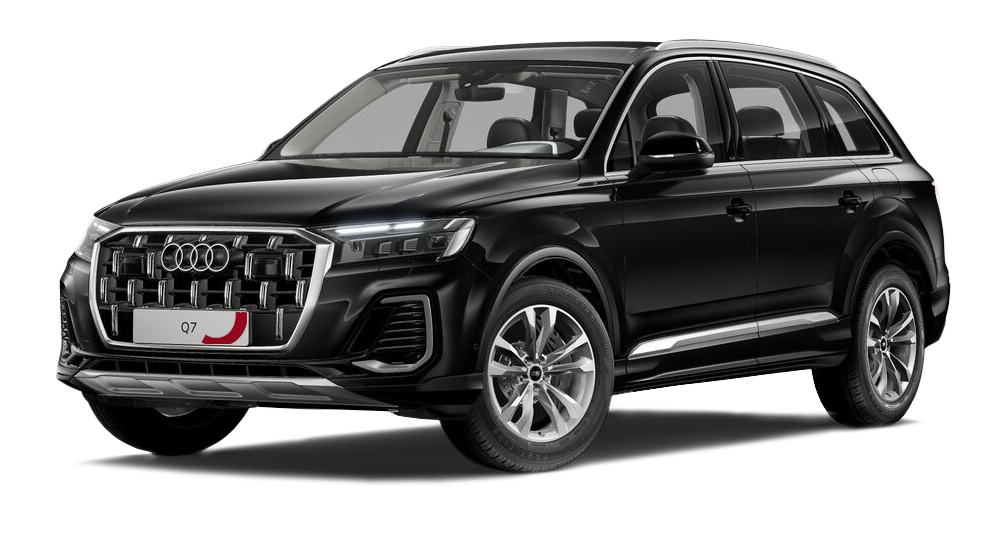 Audi Q7 55 TFSI e quattro in Mythosschwarz als Plug-in-Hybrid, Front-Schrägansicht freigestellt