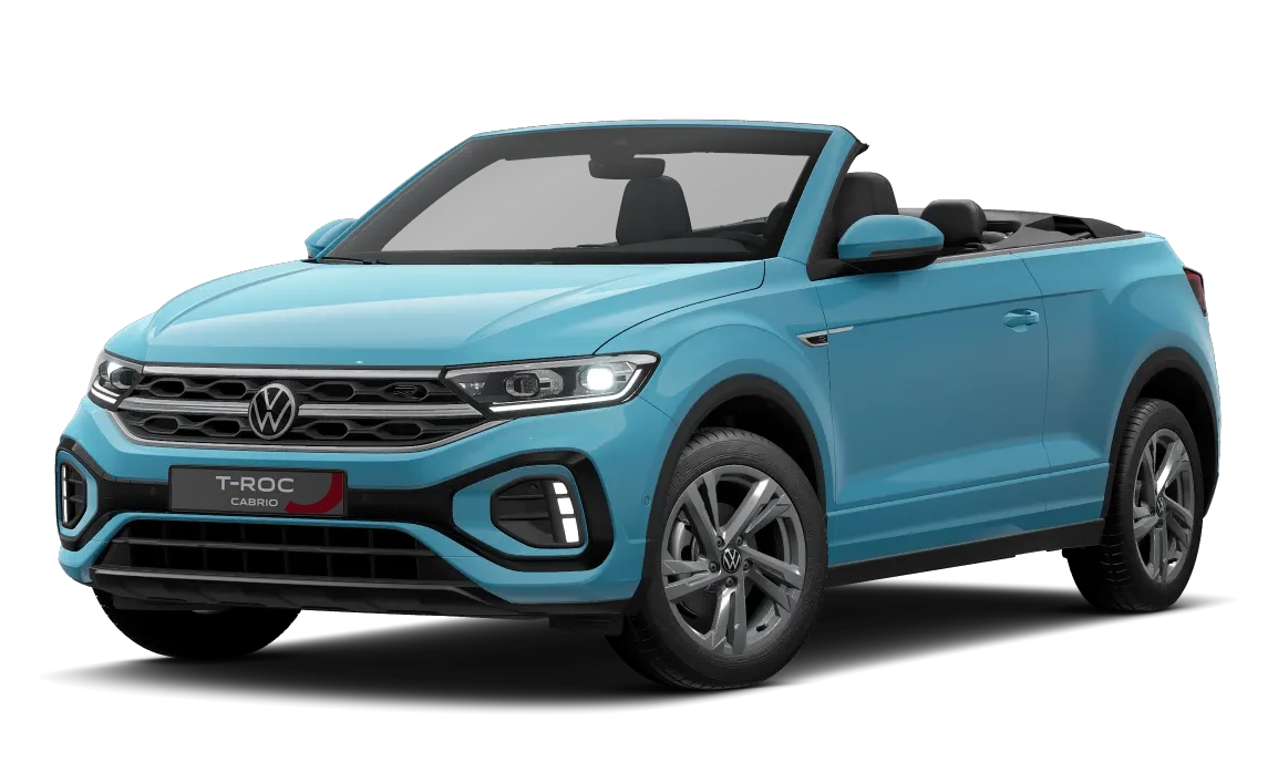 Zu sehen ist ein blauer VW T-Roc Cabrio R-Line vor einem weißen Hintergrund